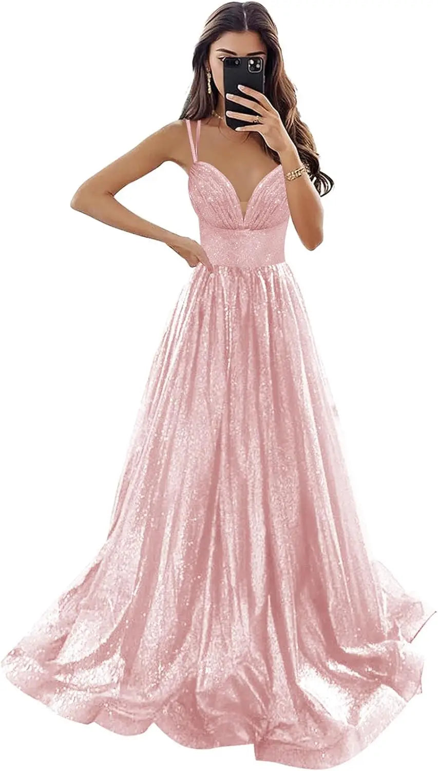 Vestido de fiesta de tul brillante con bolsillos, tirantes finos, corsé fruncido, largo, formal, para noche, vestidos de fiesta para mujer, noche 