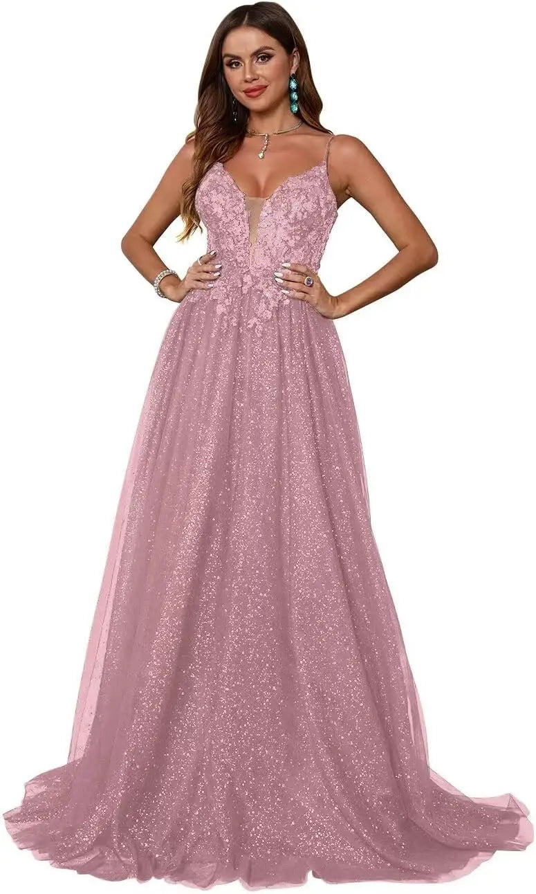 Glitzerndes Tüll-Ballkleid für Damen, Spaghettiträger, tiefer V-Ausschnitt, Spitzenapplikationen, Ballkleid, langes A-Linien-Abendkleid 