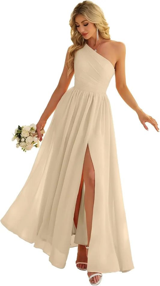 Women's One Shoulder Bridesmaid Dresses for Wedding Chiffon Side Split Reched Formal Evening Dress Sleeveless