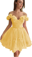 3D Flowers Tulle Girls Homecoming Dresses Short Off The Shoulder Fairy Prom Dress Cocktail Wedding Party Gowns Bridesmaid Gown