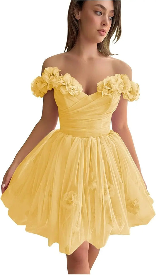 3D Blumen Tüll Mädchen Homecoming Kleider Kurz Off The Shoulder Fee Ballkleid Cocktail Hochzeit Party Kleider Brautjungfer Kleid 