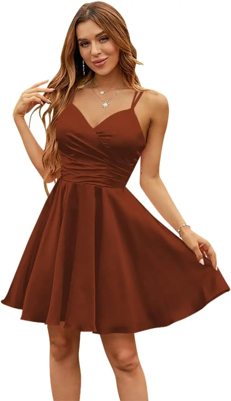 Vestidos de satén con escote en V para adolescentes, vestidos cortos de fiesta de graduación, tirantes finos, vestidos de cóctel con bolsillos, vestidos de dama de honor 