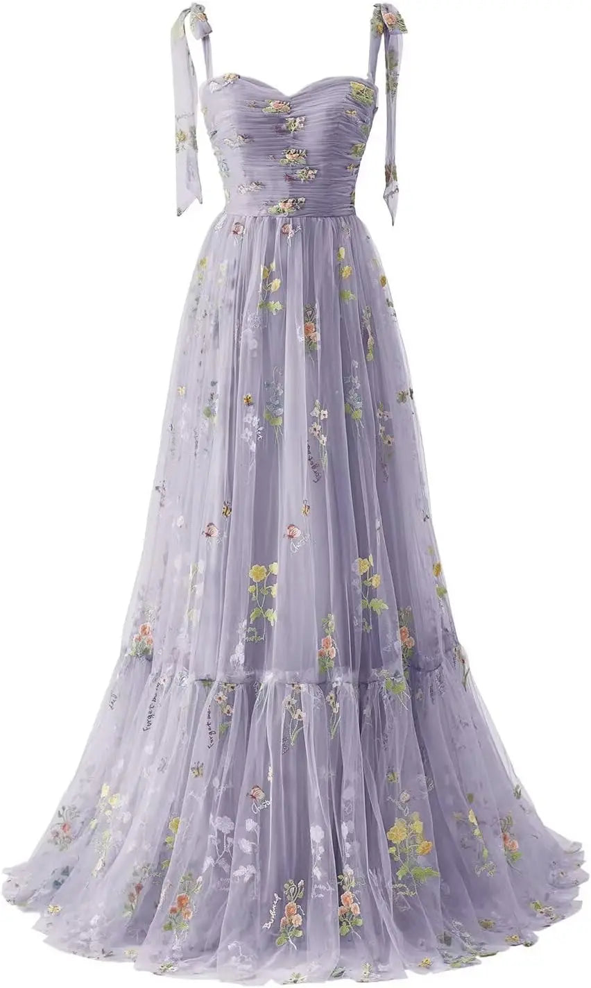 Women's Flower Embroidery Tulle Prom Dresses Corset Long Spaghetti Strap Fairy Ruched Formal Evening Party Gown Bridesmaid Dress