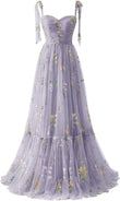 Women's Flower Embroidery Tulle Prom Dresses Corset Long Spaghetti Strap Fairy Ruched Formal Evening Party Gown Bridesmaid Dress