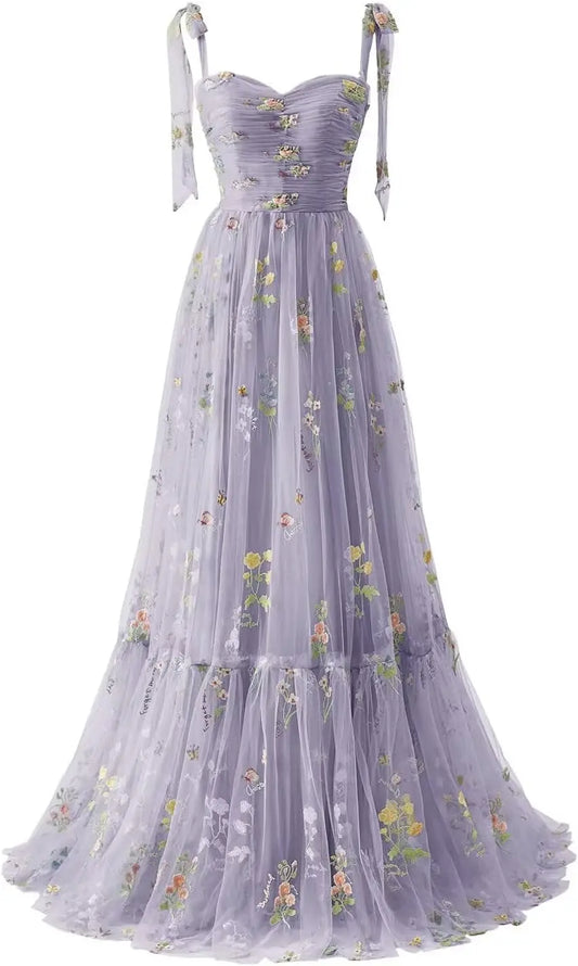 Women's Flower Embroidery Tulle Prom Dresses Corset Long Spaghetti Strap Fairy Ruched Formal Evening Party Gown Bridesmaid Dress