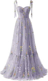Women's Flower Embroidery Tulle Prom Dresses Corset Long Spaghetti Strap Fairy Ruched Formal Evening Party Gown Bridesmaid Dress