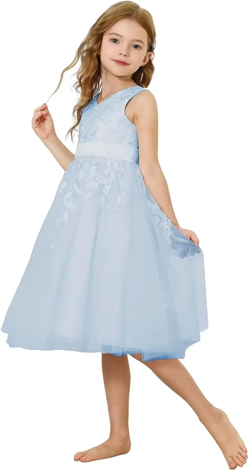 Lace Flower Girl Dresses for Wedding Kids Puffy Tulle Communion Dress Pageant Party Prom Ball Gowns with Bow Knot