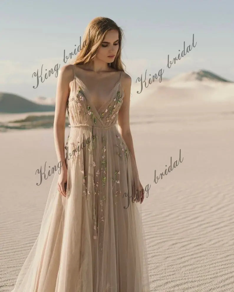 Slit bridal gown Tulle Open back party wedding dress hand embroidered sleeveless A-line bridal gown evening prom dresses
