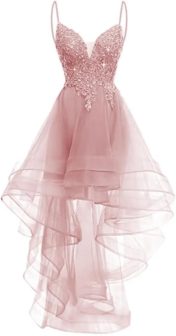 Lace Applique Homecoming Dresses 2025 High Low Spaghetti Straps Tulle Short Prom Dress for Teens Glitter Quinceanera Dress Gowns