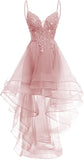 Lace Applique Homecoming Dresses 2025 High Low Spaghetti Straps Tulle Short Prom Dress for Teens Glitter Quinceanera Dress Gowns