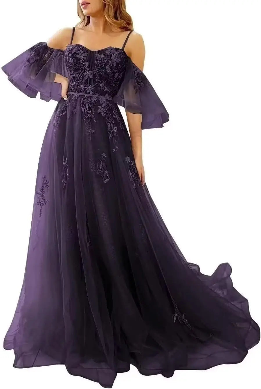 Lace Applique Tulle Prom Dresses Off Shoulder Puffy Sleeves Wedding Dress Long Women Sweetheart A Line Evening Gowns