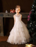 Vestidos de tul para niña de las flores para boda, vestido de encaje de primera comunión, vestidos de fiesta de desfile en capas para niñas 