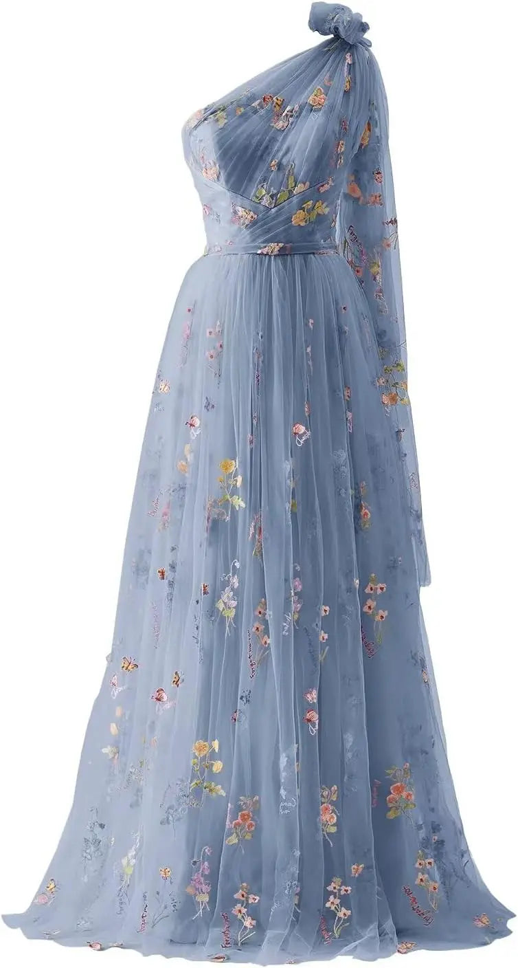 Vestidos de fiesta de tul para mujer con bordado de flores, corte A, largo hasta el suelo, vestidos formales de noche para fiesta 