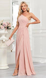 One Shoulder Bridesmaid Dresses for Women Long Ruched Chiffon A Line Formal Evening Dress with Slit prom dresses