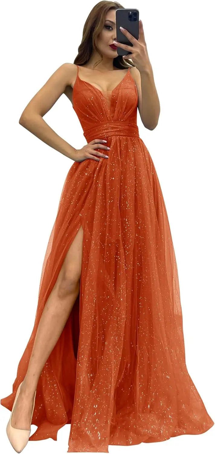 2025 Sparkly Tulle Formal Prom Dress Pleated A-Line Ball Gown with Spaghetti Straps Slit for Women Evening Dresses