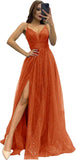 2025 Sparkly Tulle Formal Prom Dress Pleated A-Line Ball Gown with Spaghetti Straps Slit for Women Evening Dresses