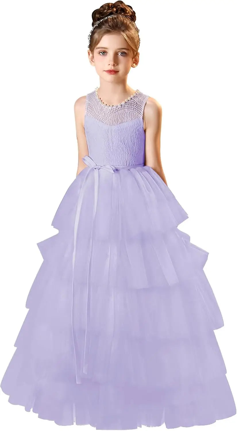 Vestidos de tul para niña de las flores para boda, vestido de encaje de primera comunión, vestidos de fiesta de desfile en capas para niñas 