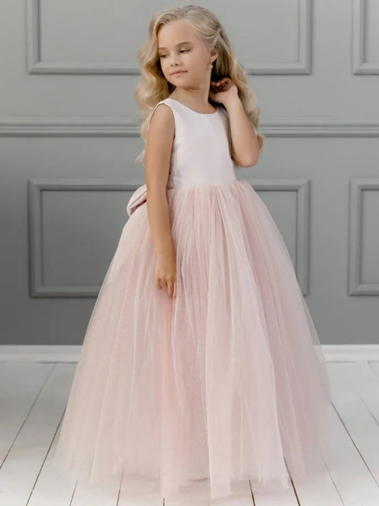 Vestido de tul de satén rosa con lazo sin mangas para boda, fiesta de cumpleaños, primera comunión, fiesta de niñas, vestidos de niña de las flores 