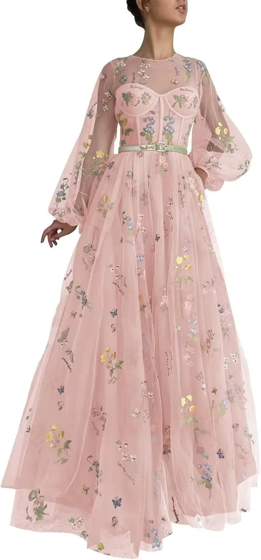 Vestidos de fiesta de tul con mangas abullonadas para mujer, vestidos largos de fiesta formales de noche con bordado de flores y bolsillos 