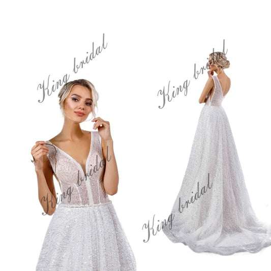 Vestido de novia de encaje con lentejuelas y espalda descubierta, escote en V profundo, tul bordado con cristales y perlas, vestido de novia personalizado 