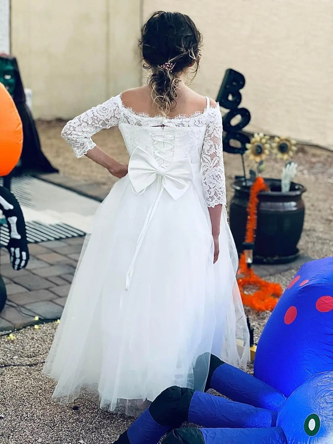 Blumenmädchenkleid Langarm Kinder Weiß Spitze Kinder Festzug Party Weihnachten Ballkleid Erstkommunion Kleider 