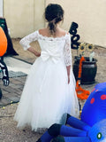 Blumenmädchenkleid Langarm Kinder Weiß Spitze Kinder Festzug Party Weihnachten Ballkleid Erstkommunion Kleider 
