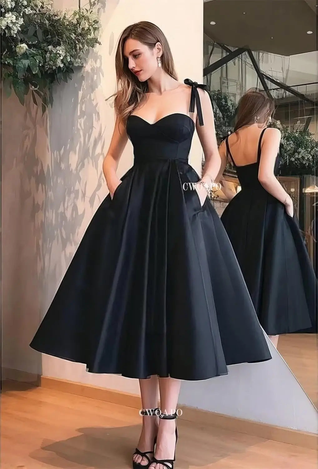 Damen Spaghettiträger Kurzes Satin Ballkleid Homecoming Kleid Sweetheart A-Linie Ballkleid Cocktailkleid mit Tasche 