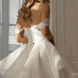 Off the Shoulder Dress for Weddings Lace Flora Applique Short Glitter Prom Dress Tulle A-line Sparkly Bridal Gown Customized
