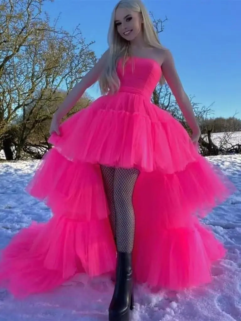High Low Tüll Ballkleider Lange trägerlose gestufte Abendkleider A-Linie Abendkleid mit Schleppe Partykleider Damen Abend 