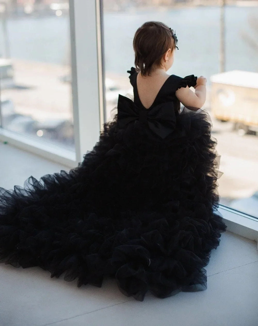 Vestido plisado elegante de longitud para niña, fiesta de cumpleaños, primera comunión, negro, para niña de las flores, para boda, alto-bajo 