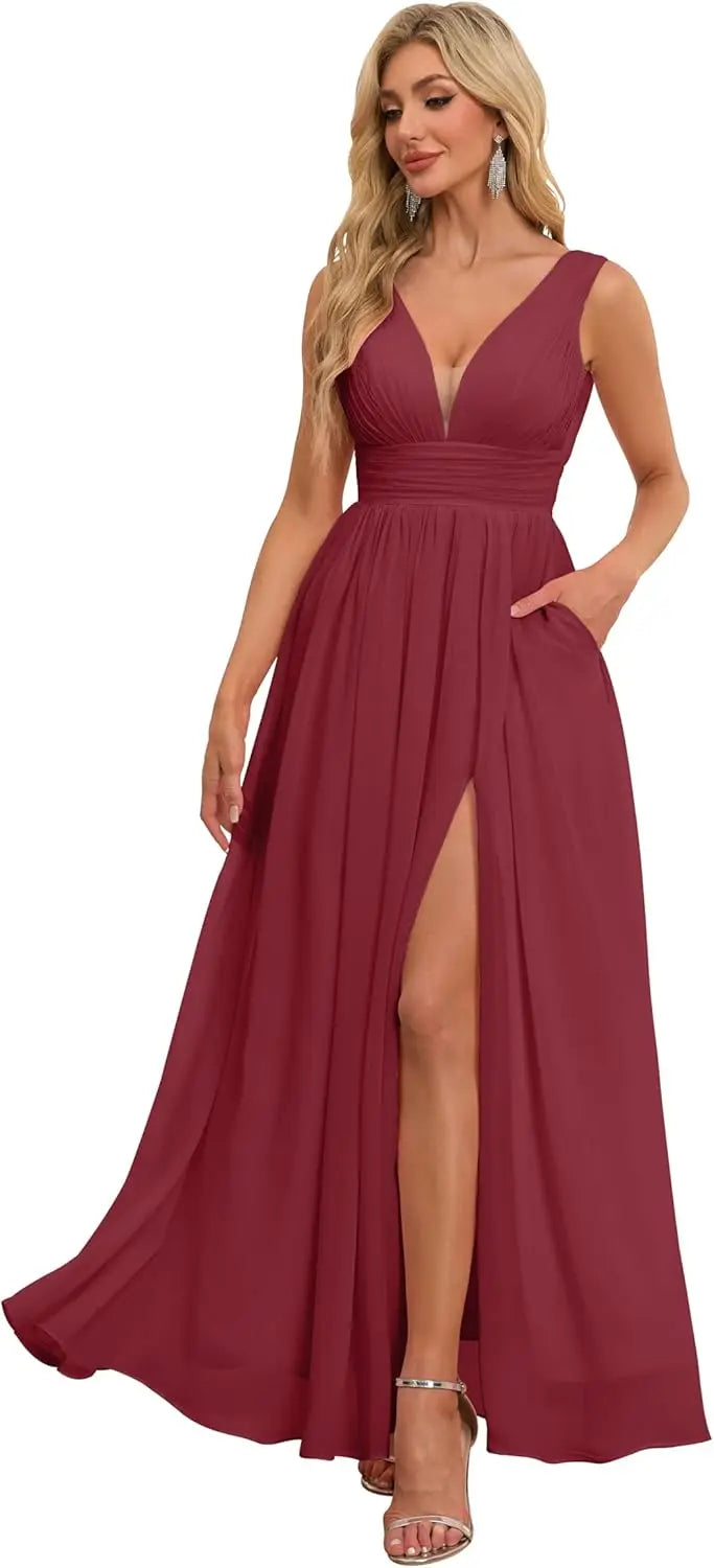 Vestidos de dama de honor con abertura y escote en V, vestidos de fiesta, línea A, plisados, para invitada de boda con bolsillos 