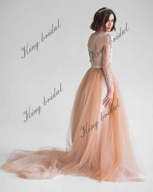 Vestido de novia bordado Vestidos de novia de manga larga Vestido de espalda transparente Vestido de novia sencillo Vestidos de novia de playa 