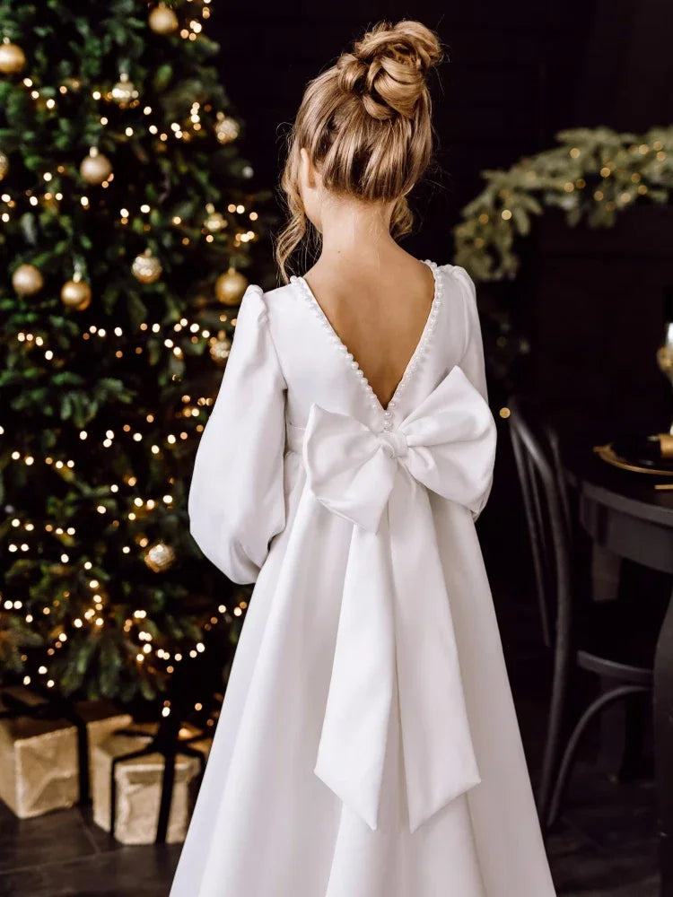 Vestidos de satén blanco con cuello de perlas y lazo, manga larga, para bodas, cumpleaños, banquetes, comunión, personalizados, para niñas de las flores. 
