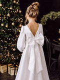Vestidos de satén blanco con cuello de perlas y lazo, manga larga, para bodas, cumpleaños, banquetes, comunión, personalizados, para niñas de las flores. 