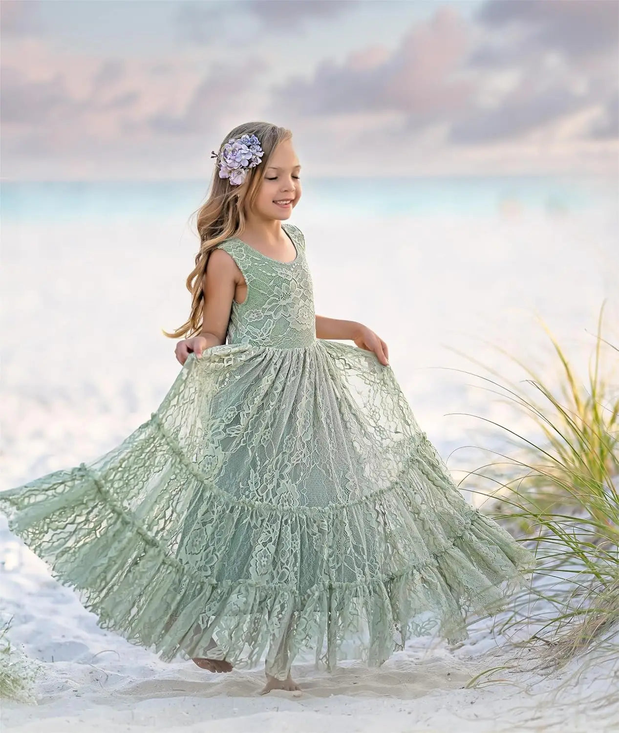 Blumenmädchenkleid Spitze Boho Kleinkindkleider Rüschen Mädchenkleid für Hochzeit Gartenparty Urlaub Kommunion Ärmellos Prinzessin 