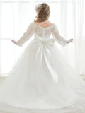 Birthday Party Holy Communion Gowns Flower Girl Dresses White Tulle Rose Appliques With Trailing And Bow Long Sleeve For Wedding