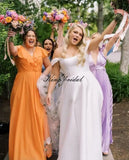 Custom Made Simple Women's Long V Neck Bridesmaid Dresses with Slit Ruffle Chiffon Formal Evening Gowns Wedding Party Dress