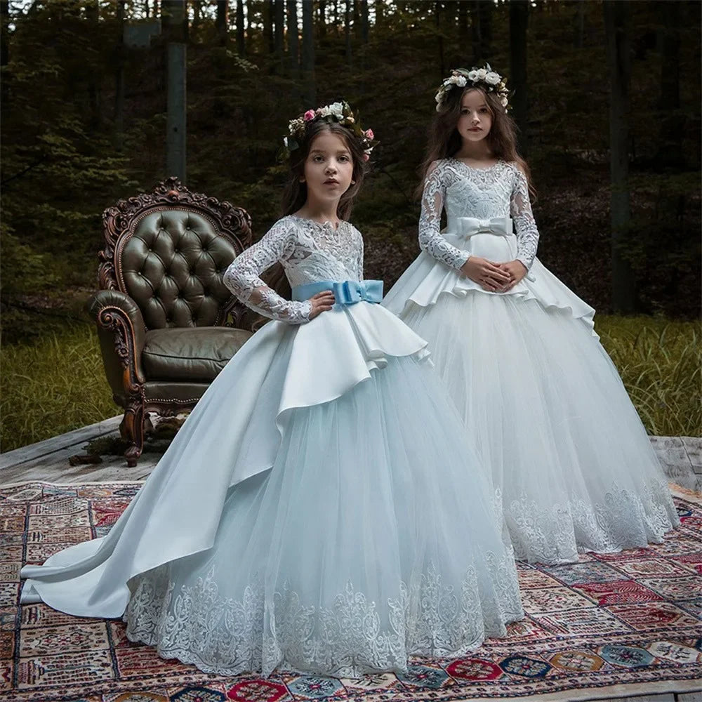 Vestido de primera comunión de manga larga para niñas, para desfile infantil, personalizable, con cuello redondo, apliques para bodas. 