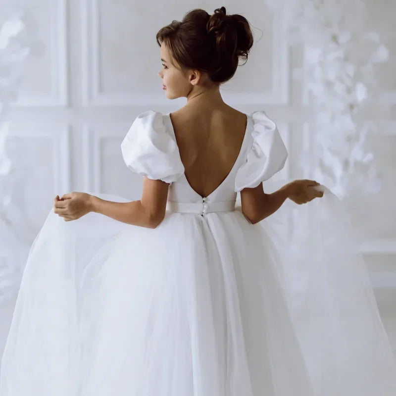 Prinzessin Kleid Blumenmädchen Kleider Weiß Tüll Satin Kurzarm Für Hochzeit Geburtstag Party Ball Bankett Prinzessin Kleider 