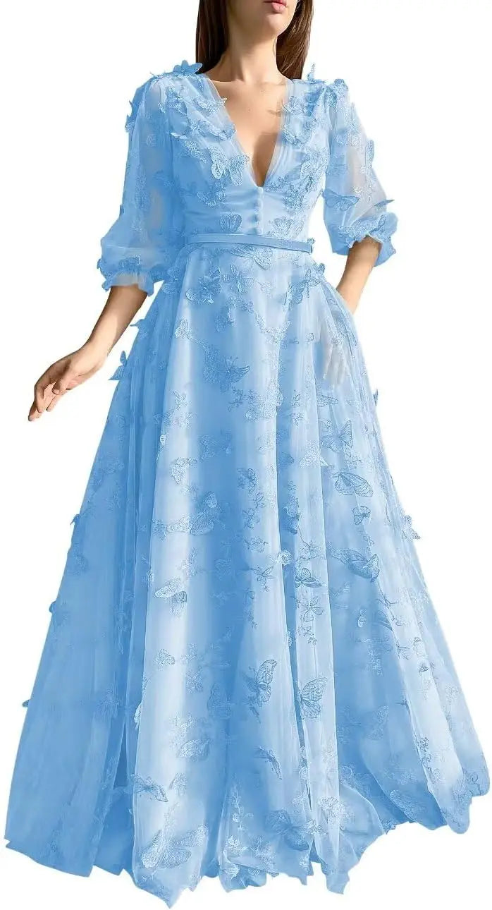 Damen Ballkleid mit Puffärmeln, 3D-Schmetterling, langer V-Ausschnitt, Tüll, Ballkleid, formelles Abendkleid 