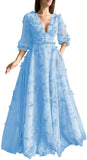 Damen Ballkleid mit Puffärmeln, 3D-Schmetterling, langer V-Ausschnitt, Tüll, Ballkleid, formelles Abendkleid 