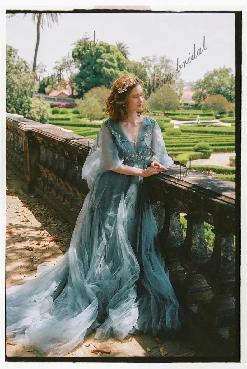Voluminous tulle bridal Pale blue sleeves wedding dress Fairy hand embroidered  formal dress women elegant evening party dresses