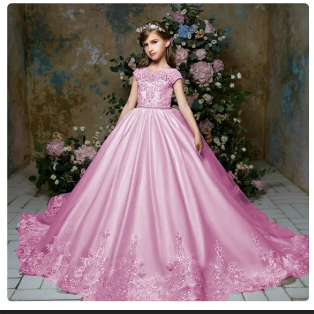 Baby Kids Birthday Party First Communion Dress Pageant Gowns White Flower Girl Dress For Wedding Satin Sequins Princess