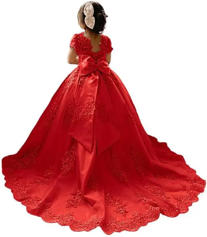Blumenmädchenkleid für Mädchen zur Hochzeit, Applikationen, Tüll, Festzugskleider, kurze Ärmel, Ballkleid mit Schleife, Prinzessinnenkleid 