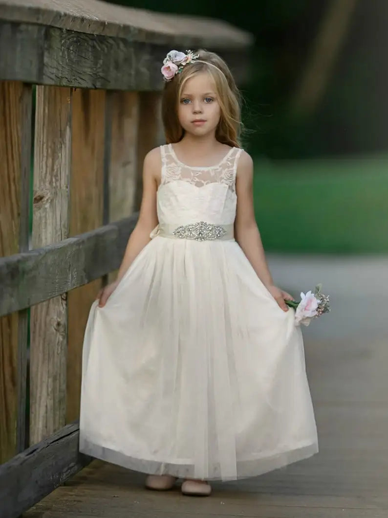 Blumenmädchenkleider Böhmische Blumenmädchenkleider Tüll Erstkommunionkleid Kleider Strandparty Mädchen Junior Brautjungfernkleider 