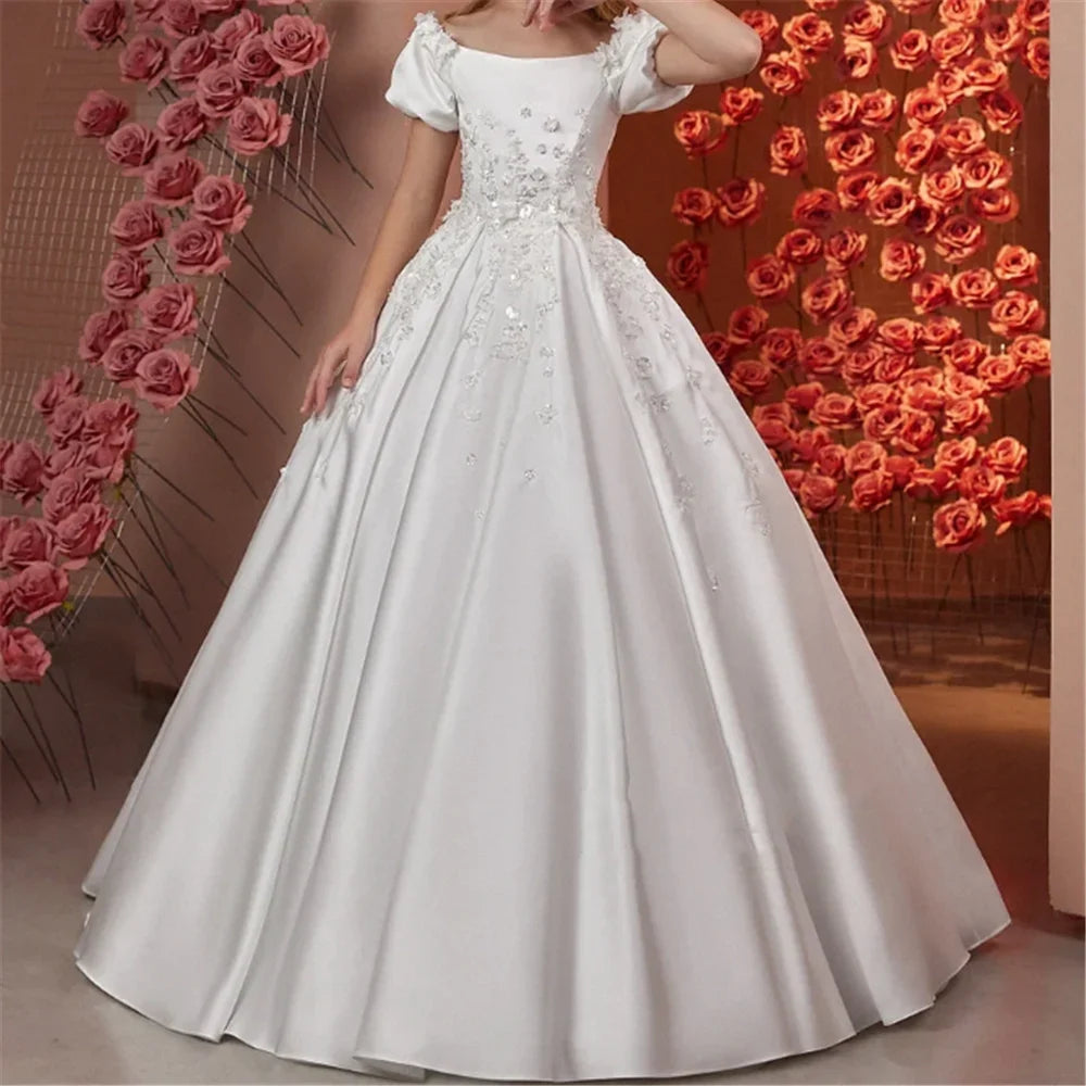 Vestido elegante de primera comunión para niña, largo hasta el suelo, para fiesta de cumpleaños infantil, 2026, para boda, de satén con cuentas y flores. 