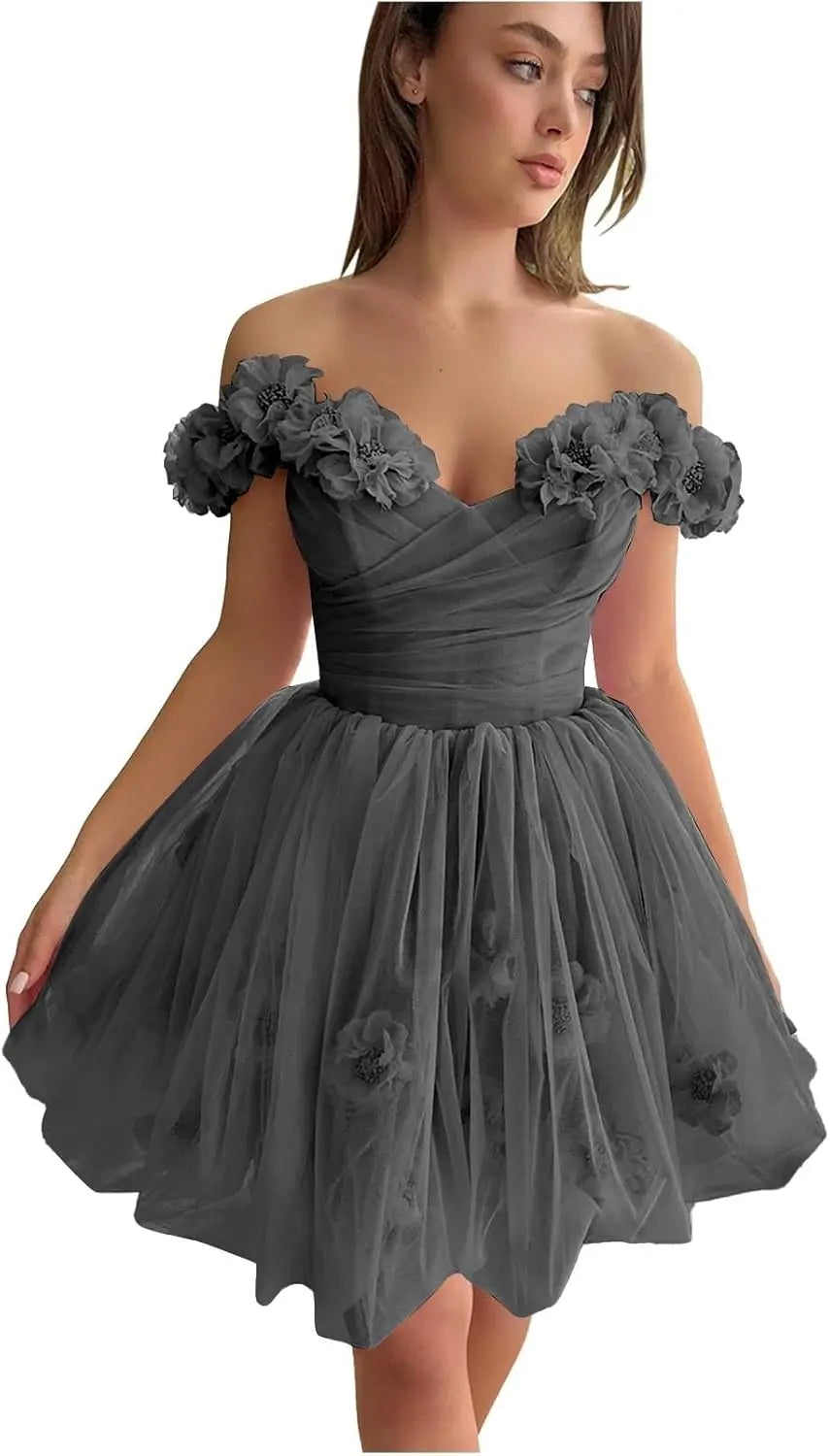 3D Flowers Tulle Girls Homecoming Dresses Short Off The Shoulder Fairy Prom Dress Cocktail Wedding Party Gowns Bridesmaid Gown