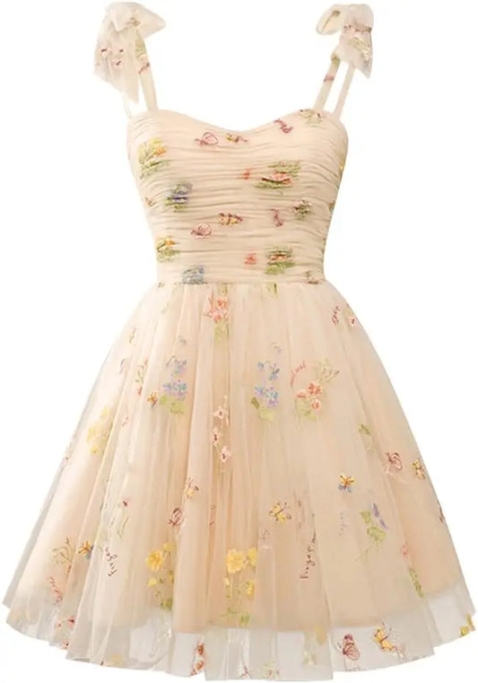 Vestidos de fiesta de tul con tirantes anudados para mujer, vestidos de novia con bordado de flores, vestidos cortos formales para fiesta, mini vestidos de bienvenida 