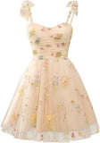 Vestidos de fiesta de tul con tirantes anudados para mujer, vestidos de novia con bordado de flores, vestidos cortos formales para fiesta, mini vestidos de bienvenida 