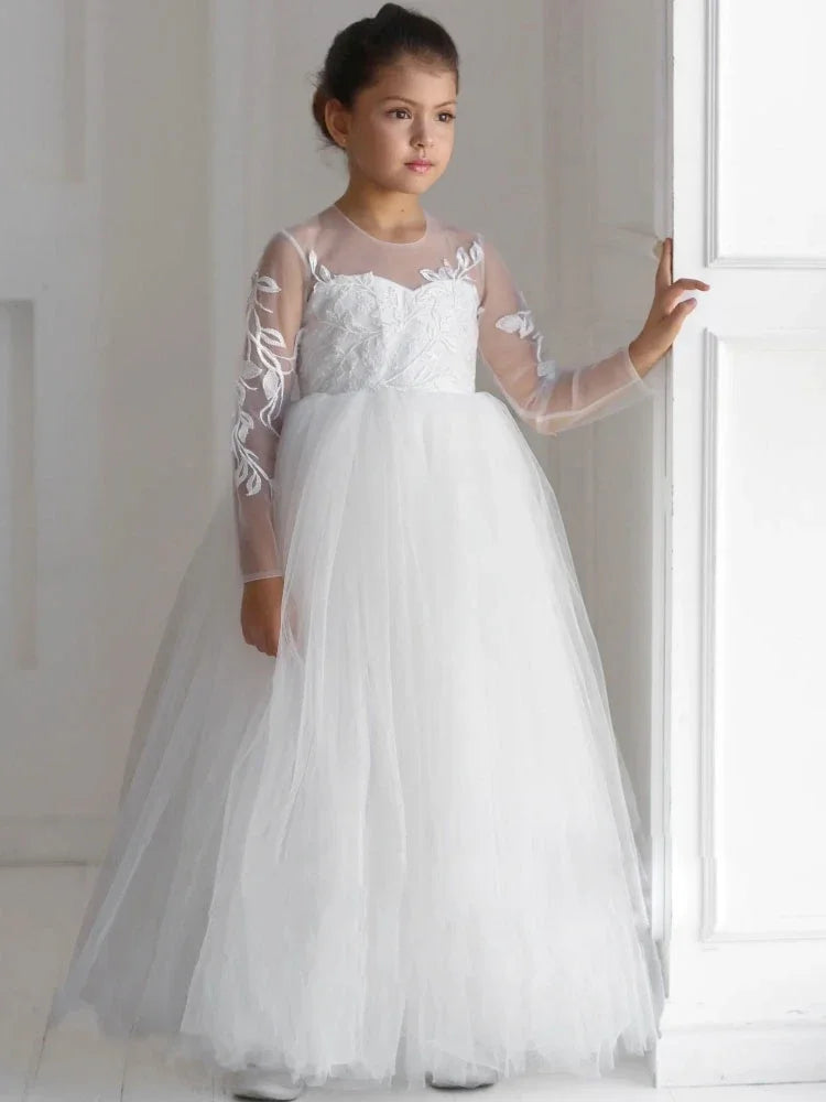 White Tulle Appliques Long Sleeve For Wedding Birthday Prom Banquet Holy Communion Gowns Customized Flower Girl Dresses